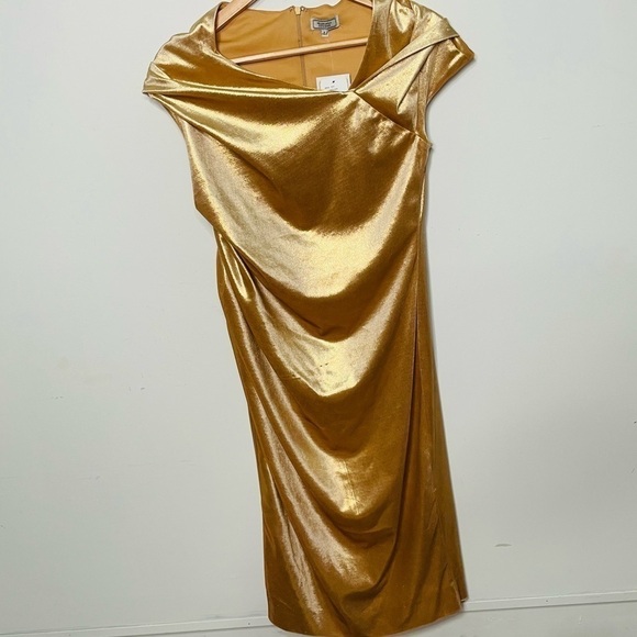 Metallic Gold Shimmer Holiday Draped Velour Ruched Fitted Asymmetrical Dress - Picture 2 of 12